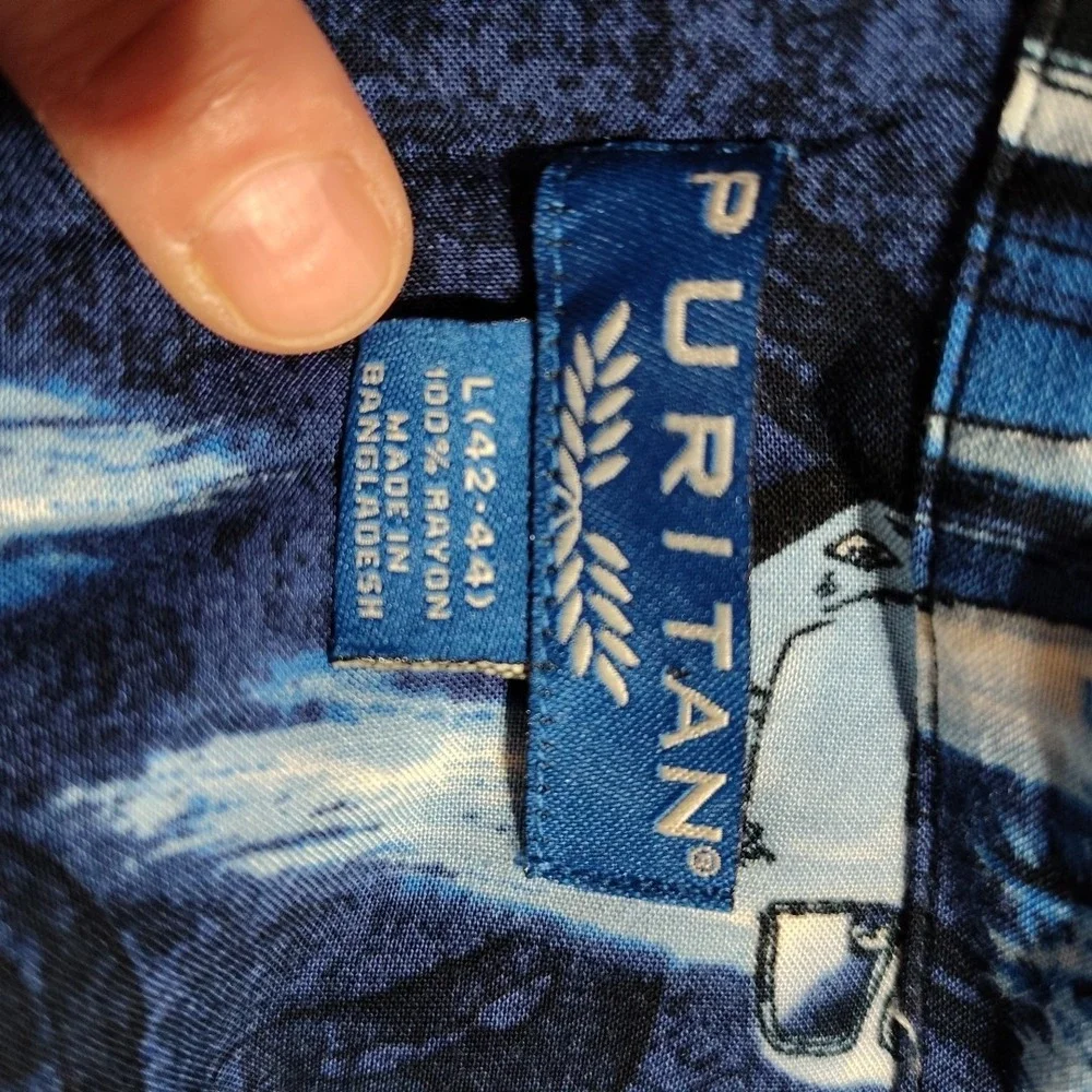 Puritan Shirt Men‎ L (42-44) Blue Vintage Trucks Rayon Island Vacation Relaxed